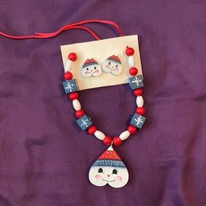Hand-painted wood blocks snowman necklace and earrings set *New*